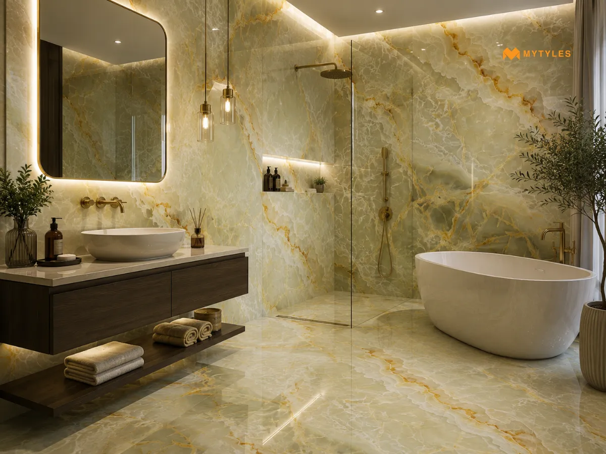 Glossy Onyx Look Tiles For Hotel Style Bathrooms